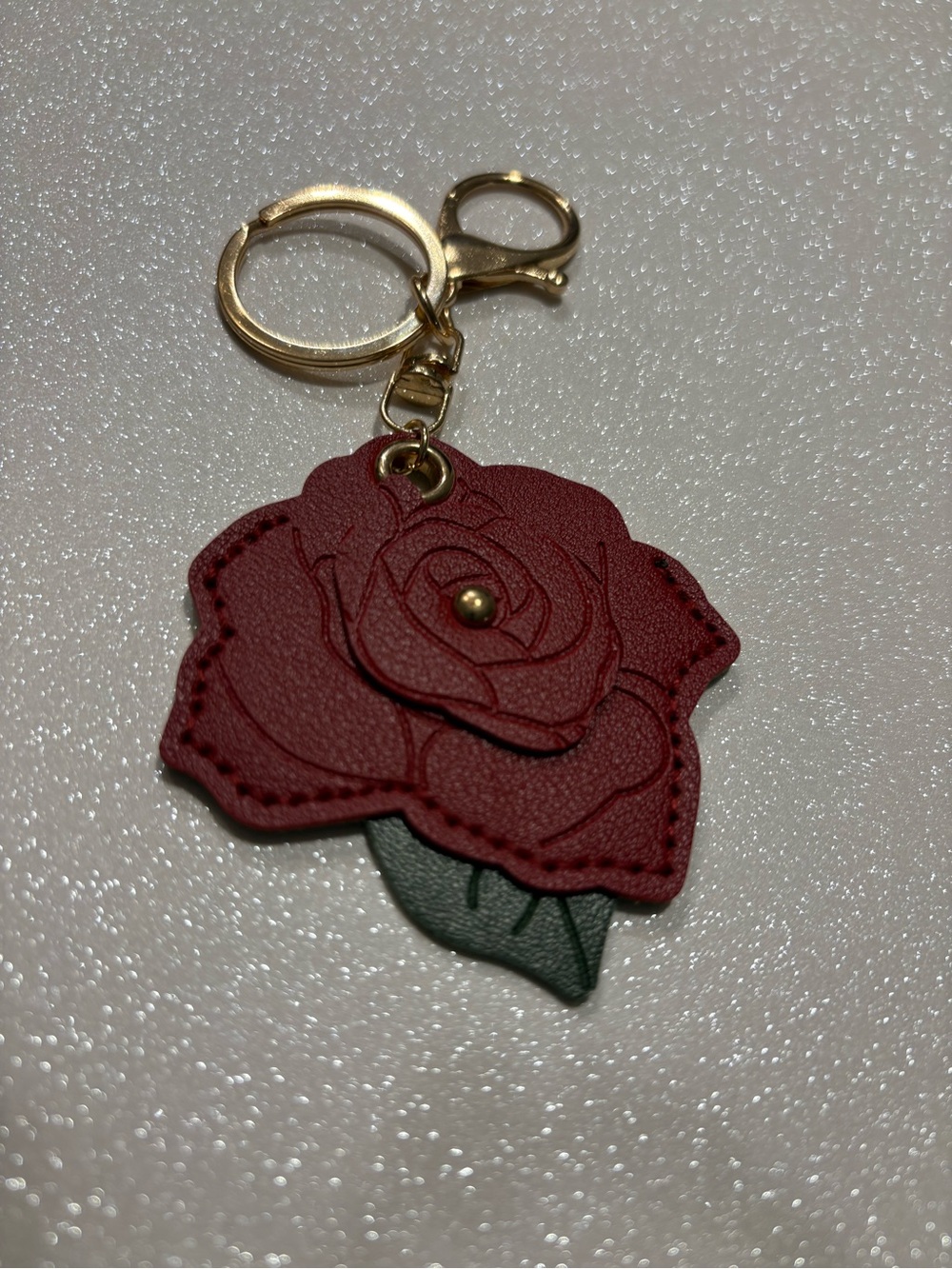 Red Rose Leather Key & Card Holder Bag Charm with Gold Hardware